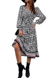 Momentlover Bohemian Black V Neck Print Patchwork Chiffon Dresses Spring LY1921