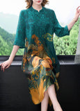 Momentlover Bohemian Blue Stand Collar Print Tassel Silk Long Dress Half Sleeve LY1711