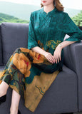 Momentlover Bohemian Blue Stand Collar Print Tassel Silk Long Dress Half Sleeve LY1711