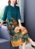 Momentlover Bohemian Blue Stand Collar Print Tassel Silk Long Dress Half Sleeve LY1711