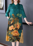 Momentlover Bohemian Blue Stand Collar Print Tassel Silk Long Dress Half Sleeve LY1711