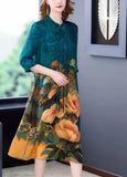 Momentlover Bohemian Blue Stand Collar Print Tassel Silk Long Dress Half Sleeve LY1711