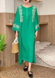 Momentlover Bohemian Green O-Neck Embroideried Cotton Dress Flare Sleeve LY1749