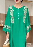 Momentlover Bohemian Green O-Neck Embroideried Cotton Dress Flare Sleeve LY1749