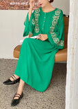 Momentlover Bohemian Green O-Neck Embroideried Cotton Dress Flare Sleeve LY1749