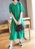 Momentlover Bohemian Green V Neck Side Open Cotton Long Dress Summer LY1447