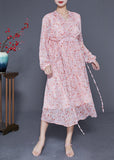Momentlover Bohemian Pink V Neck Cinched Print Chiffon Beach Dress Summer LY1772