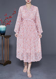 Momentlover Bohemian Pink V Neck Cinched Print Chiffon Beach Dress Summer LY1772