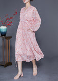 Momentlover Bohemian Pink V Neck Cinched Print Chiffon Beach Dress Summer LY1772