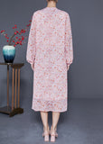 Momentlover Bohemian Pink V Neck Cinched Print Chiffon Beach Dress Summer LY1772