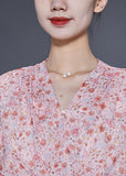 Momentlover Bohemian Pink V Neck Cinched Print Chiffon Beach Dress Summer LY1772