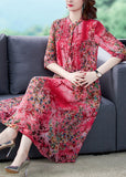 Momentlover Bohemian Red Stand Collar Print Wrinkled Chiffon Vacation Dresses Half Sleeve LY1726