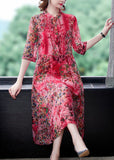 Momentlover Bohemian Red Stand Collar Print Wrinkled Chiffon Vacation Dresses Half Sleeve LY1726