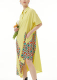 Momentlover Bohemian Yellow Asymmetrical Print Patchwork Chiffon Shirts Dresses Summer LY1217