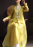 Momentlover Bohemian Yellow V Neck Embroideried Patchwork Silk Dress Spring LY1699