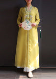 Momentlover Bohemian Yellow V Neck Embroideried Patchwork Silk Dress Spring LY1699