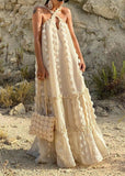 Momentlover Boho Beige Neck Tie Patchwork Floral Holiday Maxi Dresses Summer LY1956
