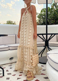 Momentlover Boho Beige Neck Tie Patchwork Floral Holiday Maxi Dresses Summer LY1956
