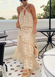 Momentlover Boho Beige Neck Tie Patchwork Floral Holiday Maxi Dresses Summer LY1956