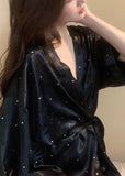 Momentlover Boho Black V Neck Dot Tie Waist Ice Silk Mid Dress Long Sleeve LY1977