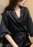 Momentlover Boho Black V Neck Dot Tie Waist Ice Silk Mid Dress Long Sleeve LY1977