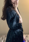 Momentlover Boho Black V Neck Dot Tie Waist Ice Silk Mid Dress Long Sleeve LY1977