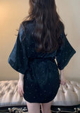 Momentlover Boho Black V Neck Dot Tie Waist Ice Silk Mid Dress Long Sleeve LY1977