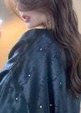 Momentlover Boho Black V Neck Dot Tie Waist Ice Silk Mid Dress Long Sleeve LY1977
