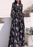 Momentlover Boho Black V Neck Print Slim Long Dress Long Sleeve LY1721