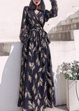 Momentlover Boho Black V Neck Print Slim Long Dress Long Sleeve LY1721
