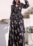 Momentlover Boho Black V Neck Print Slim Long Dress Long Sleeve LY1721