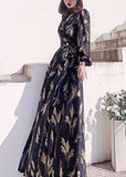 Momentlover Boho Black V Neck Print Slim Long Dress Long Sleeve LY1721