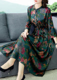 Momentlover Boho Green Cinched Print Silk Dresses Bracelet Sleeve LY1696