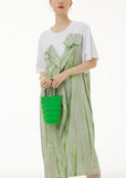 Momentlover Boho Green O-Neck Wrinkled Print Patchwork Cotton Dress Summer LY1226