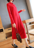Momentlover Boho Red Stand Collar Zip Up Knit Maxi Dresses Spring LY1451