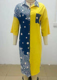 Momentlover Boho Yellow Print Button Chiffon Shirts Dresses Spring LY1976