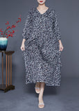 Momentlover Boutique Black Ruffled Print Chiffon Long Dresses Bracelet Sleeve LY1952