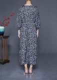Momentlover Boutique Black Ruffled Print Chiffon Long Dresses Bracelet Sleeve LY1952