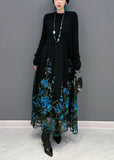 Momentlover Boutique Blue Embroideried Patchwork Knit Maxi Dress Spring LY1597