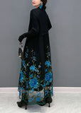 Momentlover Boutique Blue Embroideried Patchwork Knit Maxi Dress Spring LY1597