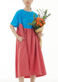 Momentlover Boutique Blue O Neck Wrinkled Patchwork Cotton Dresses Summer LY1167