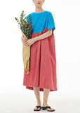 Momentlover Boutique Blue O Neck Wrinkled Patchwork Cotton Dresses Summer LY1167