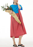 Momentlover Boutique Blue O Neck Wrinkled Patchwork Cotton Dresses Summer LY1167