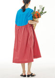 Momentlover Boutique Blue O Neck Wrinkled Patchwork Cotton Dresses Summer LY1167