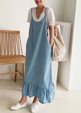 Momentlover Boutique Blue Ruffled Patchwork Denim Spaghetti Strap Dress Summer LY1757