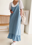 Momentlover Boutique Blue Ruffled Patchwork Denim Spaghetti Strap Dress Summer LY1757