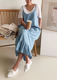 Momentlover Boutique Blue Ruffled Patchwork Denim Spaghetti Strap Dress Summer LY1757