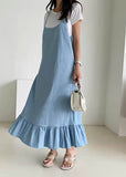 Momentlover Boutique Blue Ruffled Patchwork Denim Spaghetti Strap Dress Summer LY1757