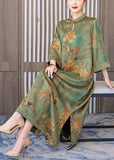 Momentlover Boutique Green Print Chinese Button Silk Long Dress Bracelet Sleeve LY1696