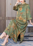 Momentlover Boutique Green Print Chinese Button Silk Long Dress Bracelet Sleeve LY1696